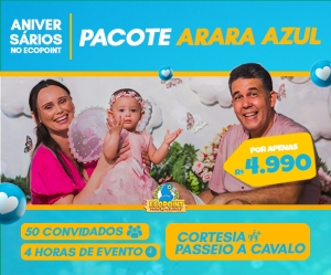 Comemore o seu Niver no Ecopoint! Pacote Arara Azul a partir de 50 convidados com 4h de Evento + Buffet + Decoração + Cortesia Passeio a Cavalo + Piscina Liberada +1 dos Espaços Exclusivos do Parque + Acesso Livre, por apenas R$4.990,00